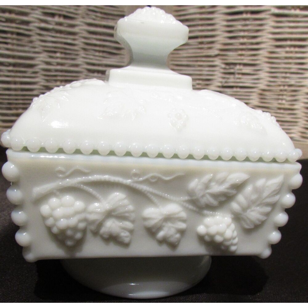 Westmoreland milk glass covered candy dish wedding box grapes beaded edges